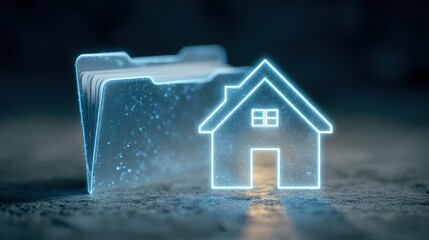 Digital home icon and glowing folder represent real estate data management
