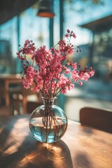 Fototapeta premium Pink cherry blossoms in a round glass vase with water on a sunlit wooden table inside a cafe. Concept Pink cherry blossoms, Glass vase with water, Sunlit cafe interior, Wooden table