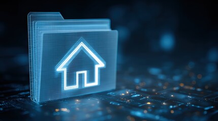 Digital home icon on a futuristic folder interface, representing data organization