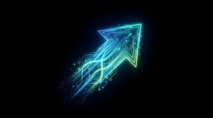 Futuristic glowing arrow composed of neon digital circuits and particles on black background,symbolizing growth,innovation,and technology progress