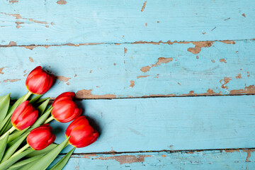 Directly above shot of fresh red tulips on wooden table, copy space © wavebreak3