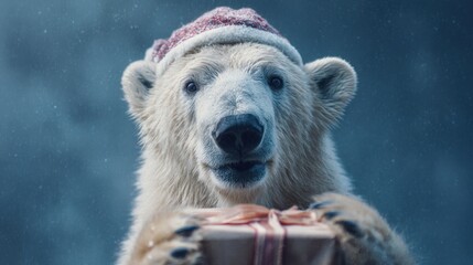 Polar bear wearing santa hat holding gift in snowy winter scene