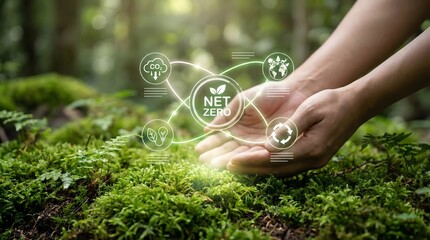 Sustainability and net zero carbon emission concept with hands holding digital environmental icons over green forest moss,representing eco-friendly future