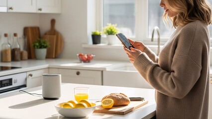 Woman checking phone in kitchen