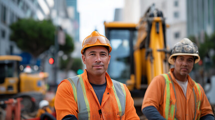 A construction site buzzes with activity as workers in orange vests guide traffic and operate heavy equipment, illustrating the importance of visibility and safety in urban development projects.