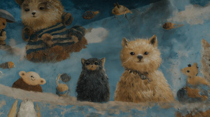 A whimsical mural designed for a children's playground, filled with enchanting fairytale characters and playful imagery, encouraging creativity and imagination among the young visitors who play