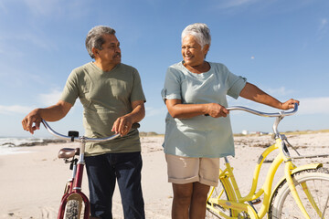 Multiracial senior couple looking at each other standing with bicycles on sunny beach against sky © wavebreak3