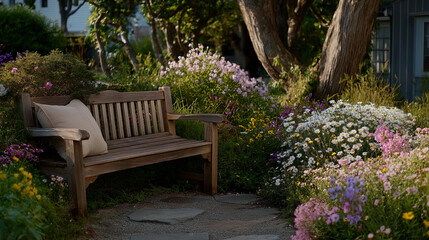 Obraz premium An inviting garden corner adorned with blooming flowers and a rustic wooden bench, providing a perfect spot for peaceful reflection or intimate conversations amid nature's beauty. cinematic color