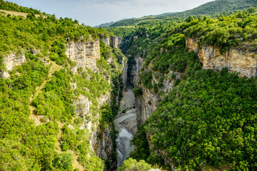 Aerial view of deep river gorge with limestone cliffs and lush green forest in mountain landscape