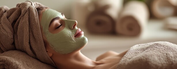 The woman relaxing with a green facial mask during a luxurious spa treatment session