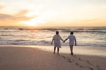 Rear view of newlywed senior multiracial couple holding hands walking at beach during sunset