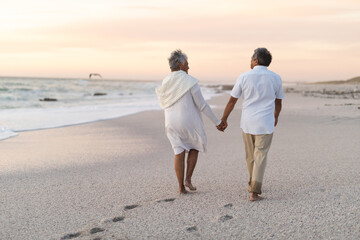 Full length rear view of senior multiracial couple holding hands walking at beach during sunset