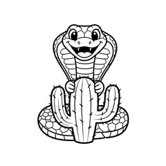 Obraz premium Cartoon Cobra Snake Wrapped Around Desert Cactus Black and White Line Art Illustration.jpg