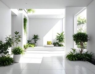 Modern indoor space with ample natural light, plants, and minimalist design
