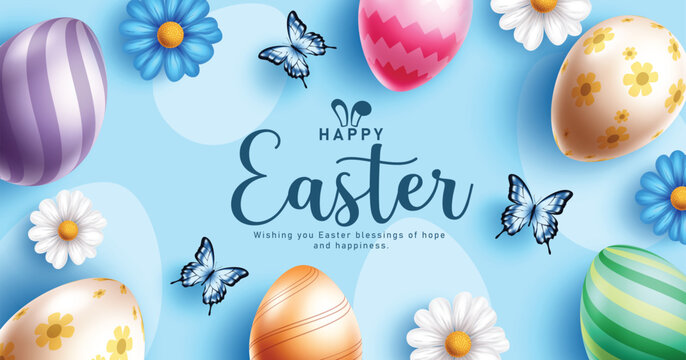 Happy Easter clipart border design. Happy Easter greeting and wishes text with printed and pattern Easter egg and chamomile flowers frame background clip art for holiday season banner card template 