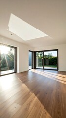 Modern interior, sunlit room with wooden floors and garden views