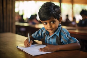 Indian schoolboy concentrating on writing in a notebook at his desk in school