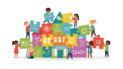 Children building a colorful tower of puzzle pieces representing education and teamwork