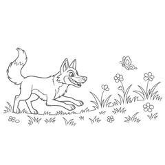 Playful Dog Garden Scene With Butterflies and Flowers Line Art Cartoon Illustration Whimsical B&w.jpg