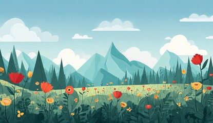 A vibrant green meadow filled with red and yellow wildflowers stretches towards a backdrop of teal mountains and a blue sky with white clouds