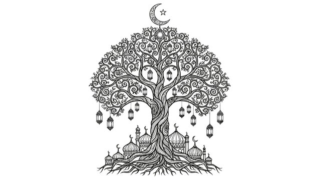 Intricate illustration depicting a tree with roots forming a mosque and islamic symbols