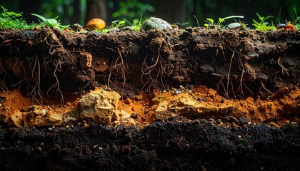 Fototapeta premium Soil layers with roots and vegetation in a natural environment.