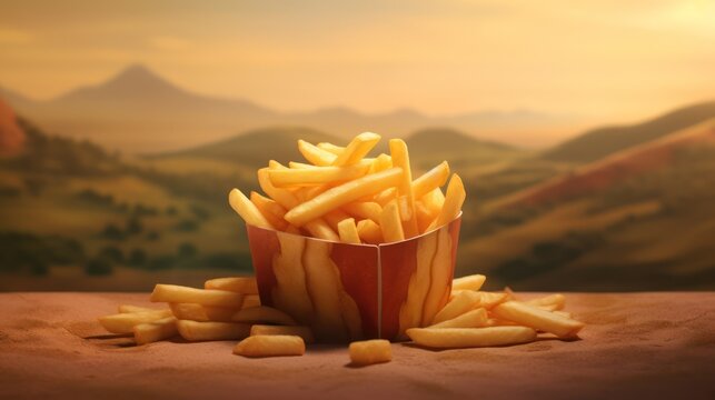 Golden French Fries in a Wooden Basket with a Scenic Mountain Background.