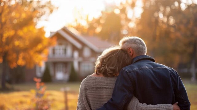 A couple embraces on a peaceful autumn day, surrounded by vibrant foliage and a cozy house in the background.