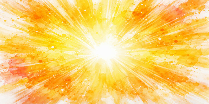 A vibrant abstract background features an explosion of bright orange and yellow light rays, creating a warm summer sunburst design with an energetic glow and star-like flare