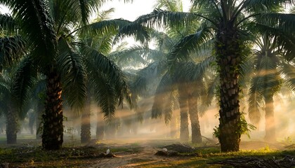 Palm trees in a dense forest environment with morning sunlight