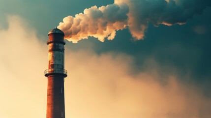 Industrial smokestack emitting a thick plume of smoke into the hazy sky.