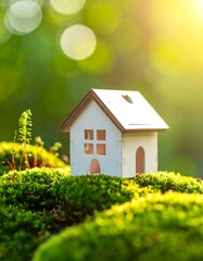 Miniature house on vibrant green moss, basking in sunlight