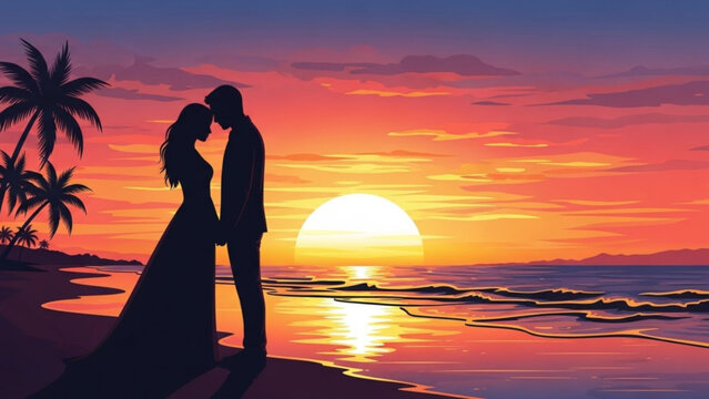 Romantic couple silhouette kissing on tropical beach at vibrant sunset with palm trees