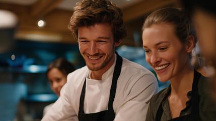 Colleagues bonding over a group cooking class, laughing and sharing culinary tips while preparing a meal together, promoting teamwork and cooperation in a relaxed kitchen environment. cinematic