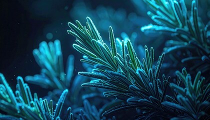 Obraz premium Close-up of icy, green plant branches under a cool, blue light