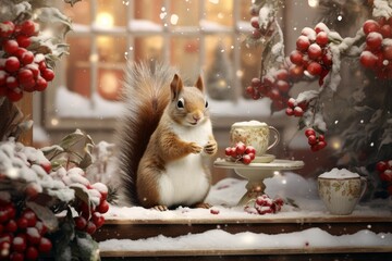 Squirrel standing amidst snow covered berries and cozy cups on a window ledge