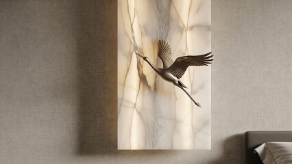Bronze Crane Sculpture Flying Against Illuminated Onyx Panel bird