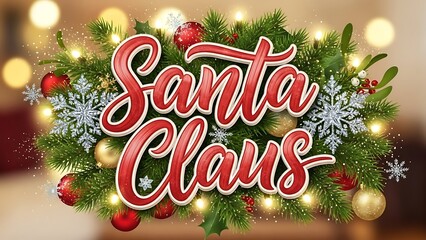 Festive christmas greeting with greenery ornaments and santa claus text