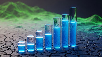 Growing Blue Liquid In Test Tubes On Cracked Earth With Green Landscape science growth
