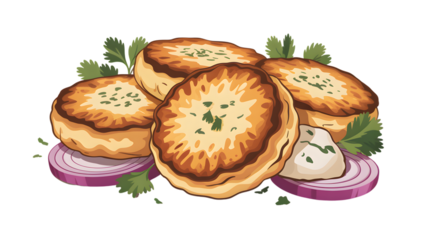 Deliciously golden brown savory pastries piled high with fresh cilantro and sliced red onion on transparent background