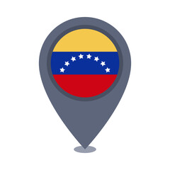 Fototapeta premium Integrating Venezuelan flag into map pin design, showcasing yellow, blue with stars, red bands in circular emblem