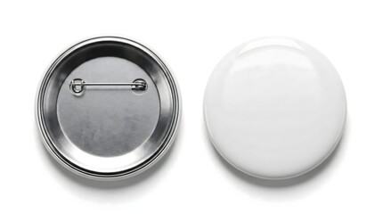 Blank round badge mockup front and back view,empty metallic button pin template isolated on white background for design presentation