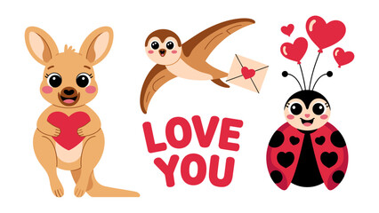 Valentine's Day Love Parade: a delightful illustration featuring a cute kangaroo, a charming bird delivering a love letter, and a smiling ladybug holding heart-shaped balloons.