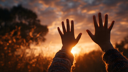 hands in the sun. mom and daughter hands reach out to the sun silhouette sunlight. happy family kid dream concept. mom and daughter dream of god religion sunset concept