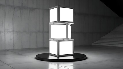 A sleek, modern cube sculpture stands on a circular base in a minimalist concrete room with a staircase in the background.