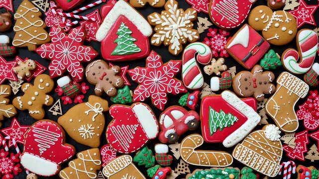 Christmas gingerbread cookies, sweet winter ginger cookies with ornaments for the holiday table. Christmas gingerbread cookies as a food background for your design