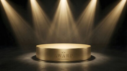 Elegant golden award podium under dramatic stage lighting,ideal for ceremony,recognition,celebration or product showcase in luxurious event or professional achievement context