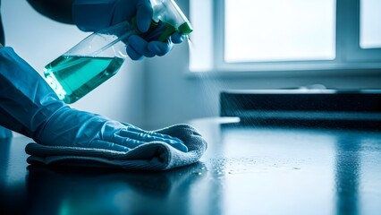 Close-up of a gloved hand cleaning a surface with a cloth and spray bottle near a window with natural light.