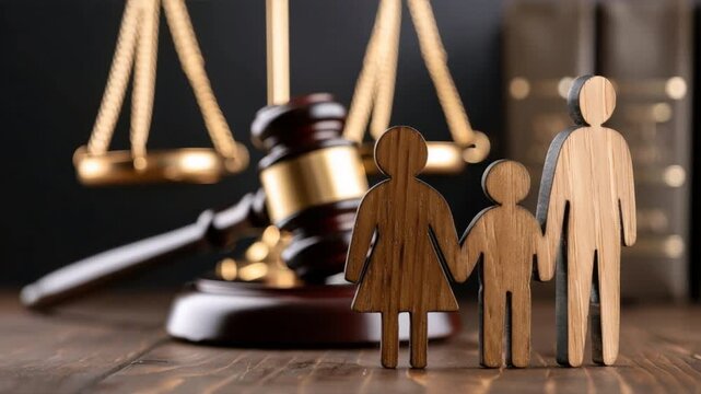 Wooden family figures beside a gavel and scales of justice, symbolizing law and family rights.