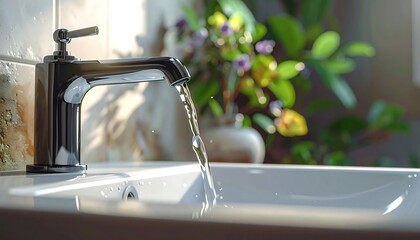 Modern bathroom sink with running water, soft lighting